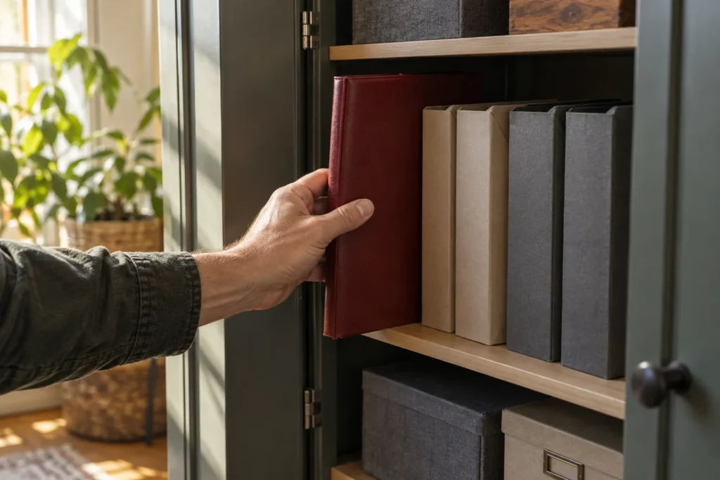 Illustrative image of an adult placing a document wallet in a filing cabinet